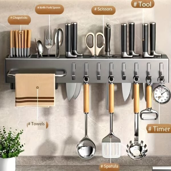 Wall-mounted carbon steel kitchen utensil holder for organizing cooking tools and utensils.