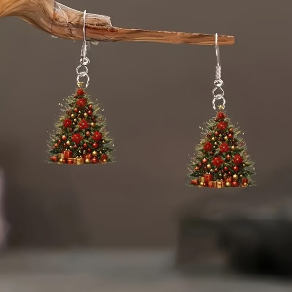 Charming vintage-inspired Christmas tree acrylic dangle earrings, lightweight and durable, perfect for holiday celebrations.