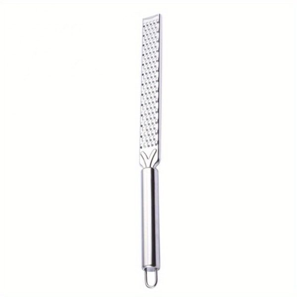 Durable stainless steel dual-sided lemon zester with comfort grip handle, ideal for citrus, cheese, and chocolate.