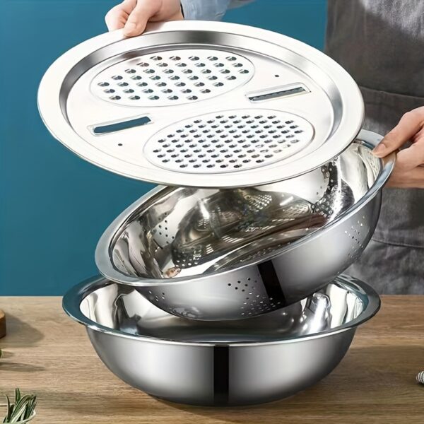 3pcs Stainless Steel Kitchen Set including slicer and strainer for efficient food preparation.