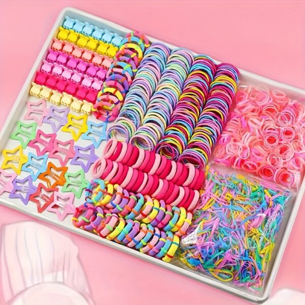 875pcs Resin Hair Accessory Set - Mixed Color Elastic Hair Ties, Ropes, Star-Shaped Clips, and Color-Matching Design for Ages 14+