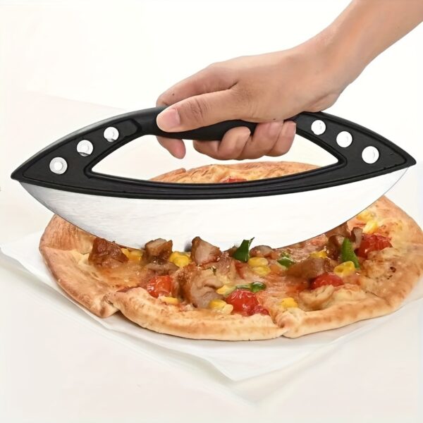 Stainless steel pizza cutter, large and durable kitchen tool for making perfect slices and shapes.