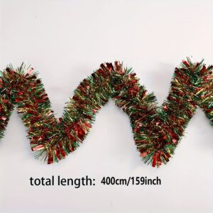 4M Christmas tinsel garland in red and green, made of plastic strips, ideal for tree, fence, and door frame decorations. No feathers or electricity required.