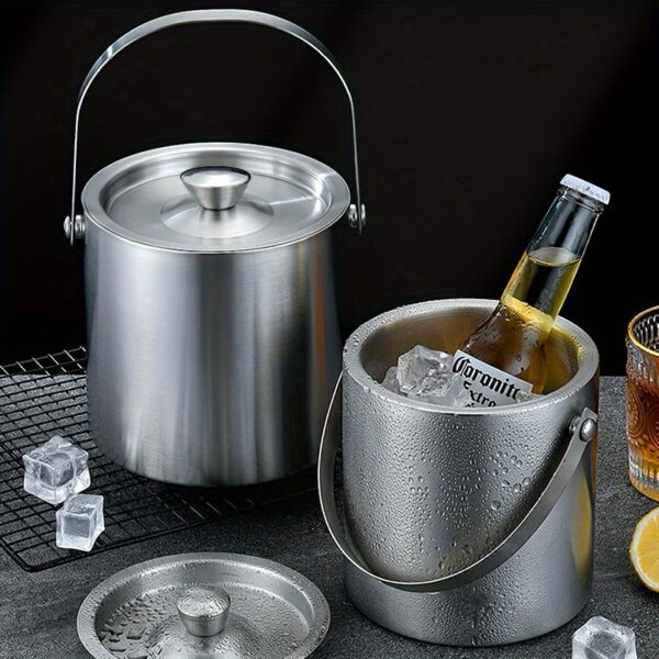 Large capacity stainless steel double-walled ice bucket with lid for champagne, beer, and wine.