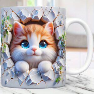 Cute Cat in Floral Crack 3D UV DTF Decal, Waterproof, Scratch & Oil Resistant for Mugs, Glasses, and DIY Crafts.