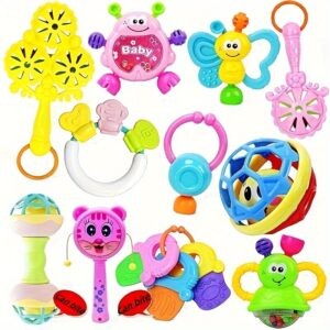 Multi-Piece Newborn Rattle Toy Set with Boilable Teether, Colorful Plastic Grip Toys, and Educational Accessories