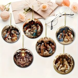 6-pack of 2D carved nativity scene wooden ornaments, ideal for Christmas, Easter, baptisms, weddings, baby showers, and celebrations. No electricity required.