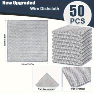 50 pack microfiber mesh scrubbing pads, dual-side dish scrubbers, non-woven fabric, lightweight dish towels for kitchen cookware and utensils.