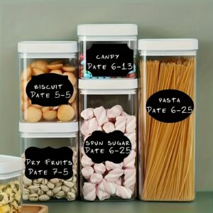 32-piece food storage container set with clear lids and labels for easy organization and storage.