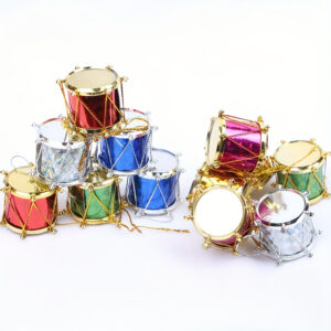 12 festive Christmas drum ornaments in mixed colors, perfect for decorating a holiday tree.