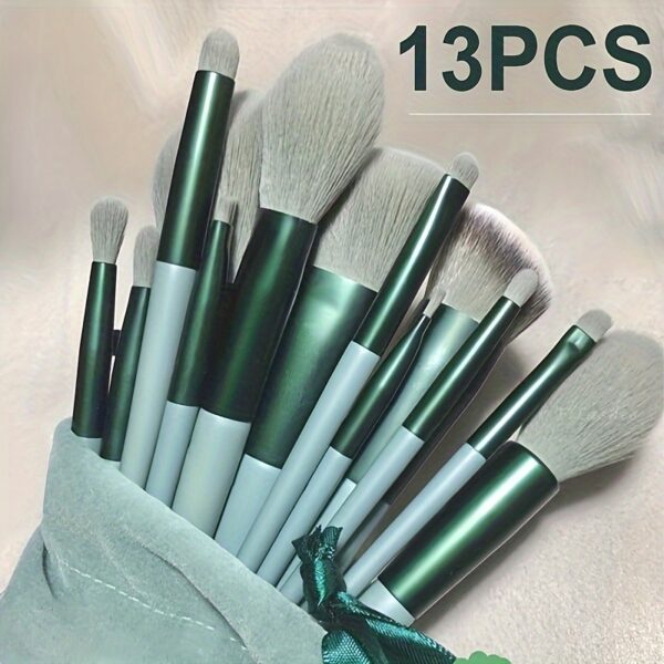 13-piece professional makeup brush set with soft nylon bristles, oval design for eyeshadow, foundation, and blush application, fragrance-free and suitable for all skin types.