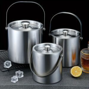 Large capacity stainless steel double-walled ice bucket with lid for champagne, beer, and wine.