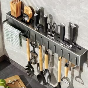 Wall-mounted carbon steel kitchen utensil holder for organizing cooking tools and utensils.