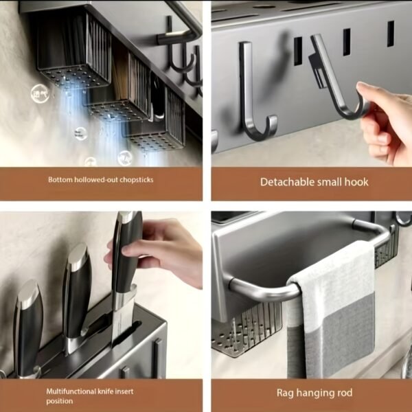 Wall-mounted carbon steel kitchen utensil holder for organizing cooking tools and utensils.