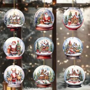 9-piece set of Christmas crystal and rustic wooden ornaments, featuring festive figures, perfect for vintage-style holiday tree and home decor.