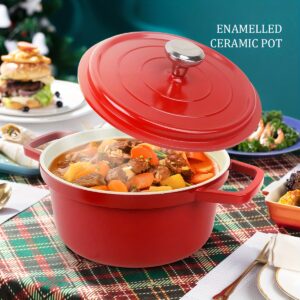 Enamel ceramic Dutch oven set with lid, heavy-duty, oven safe up to 500°F, pre-seasoned non-stick coating for baking and cooking.