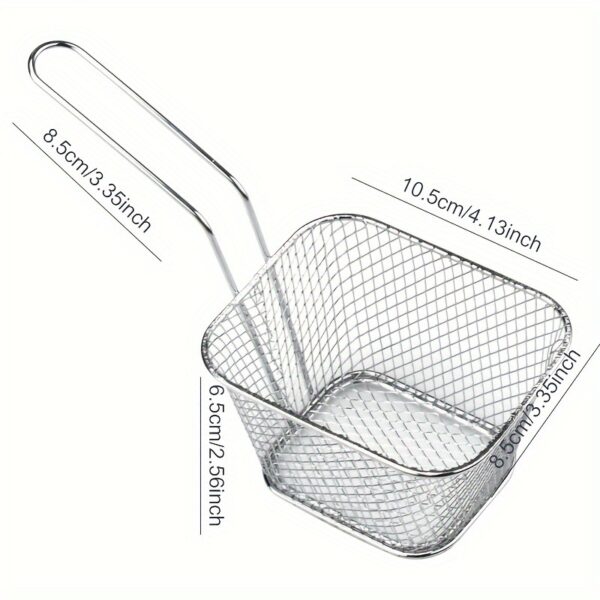 Stainless steel frying basket with a built-in strainer for frying and draining food.