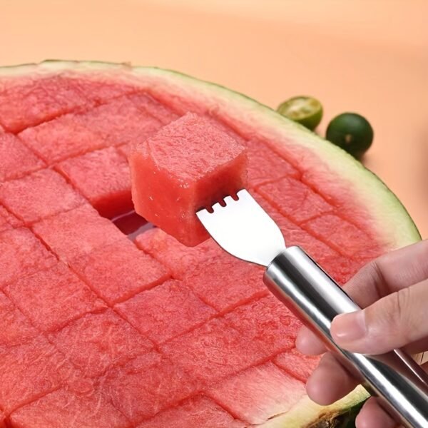 2-in-1 stainless steel watermelon slicer and fork, designed for easy and efficient cutting and serving of watermelon.