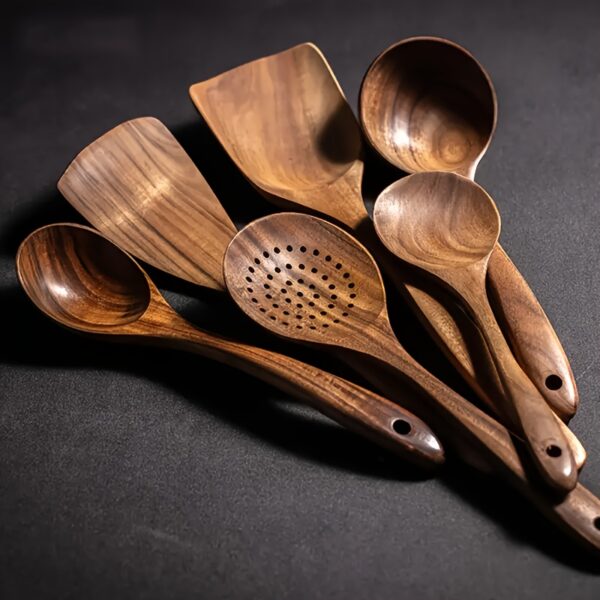 Wooden Cooking Utensil Set including spoons, spatula, and turner, perfect for non-stick cookware