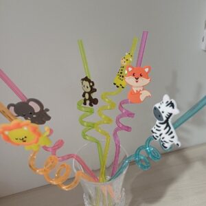 Set of 6 cartoon animal reusable straws for milk, water, and party drinks