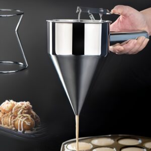 Stainless steel pancake batter dispenser with a funnel for easy pouring and controlled dispensing.