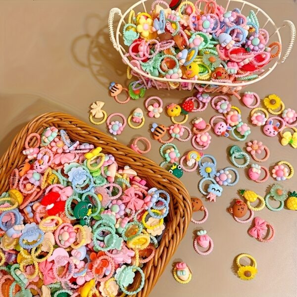 50pcs Cute Cartoon Thumb Hair Ties - Non-Damaging Elastic Rubber Bands for Styling, Plastic Material, Casual Style.