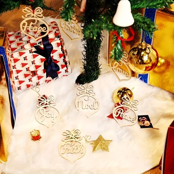 6-piece set of Christmas tree wooden ornaments, hollow-cut with inspirational words (Peace, Faith, Joy, Noel, Love, Hope) – festive wood decor.