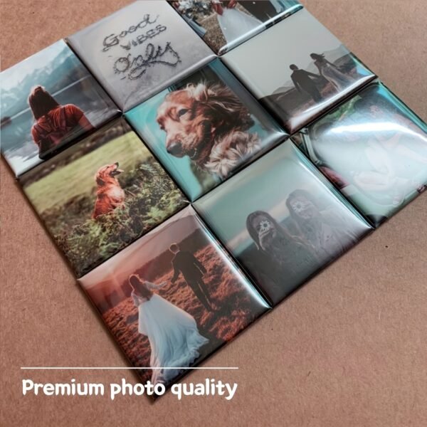 10-pack custom photo magnets, 5.08x5.08cm, with personalized pictures.