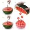 Stainless steel watermelon slicer with an easy-grip handle for cutting cubes and wedges.