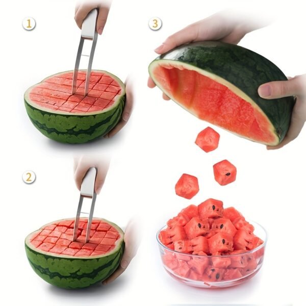 Stainless steel watermelon slicer with an easy-grip handle for cutting cubes and wedges.