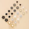 Set of 12 Pairs Floral Pearl and Rhinestone Stud Earrings - Elegant and Stylish for Women