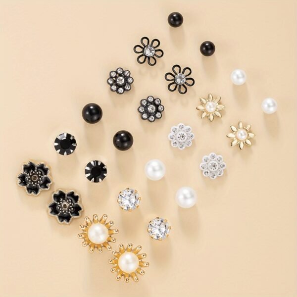 Set of 12 Pairs Floral Pearl and Rhinestone Stud Earrings - Elegant and Stylish for Women