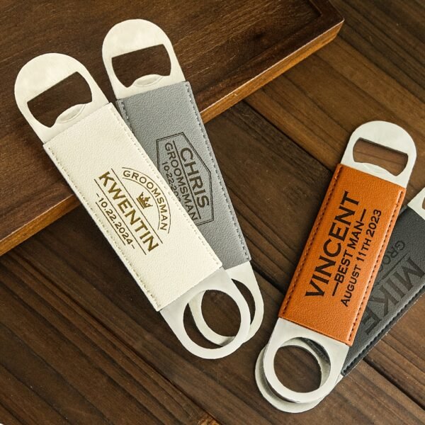 Custom metal beverage opener with personalized name engraving.