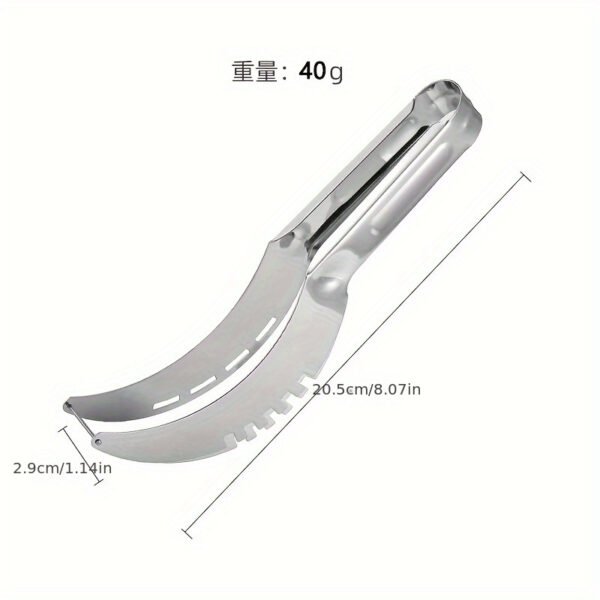 Stainless steel watermelon slicer with an easy-grip handle for cutting cubes and wedges.