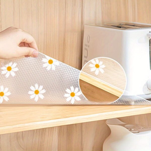 Waterproof Non-Slip Shelf Drawer Liner with Daisy Pattern, Plastic Mat for Kitchen Cabinet, Table, and Fridge
