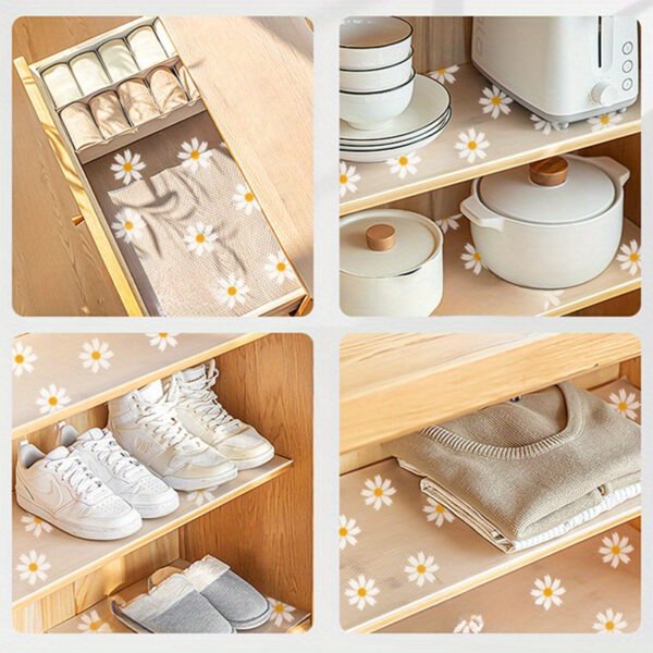 Waterproof Non-Slip Shelf Drawer Liner with Daisy Pattern, Plastic Mat for Kitchen Cabinet, Table, and Fridge