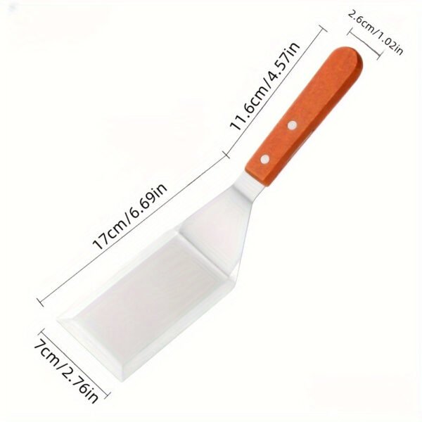 Premium stainless steel spatula set with wooden handles for cooking and flipping.