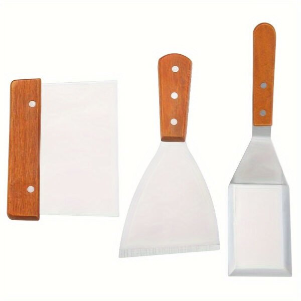 Premium stainless steel spatula set with wooden handles for cooking and flipping.