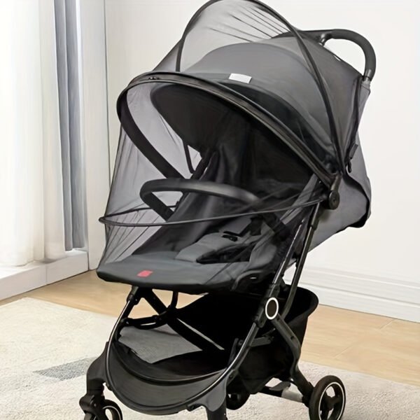 Ultra-breathable stroller mosquito net cover, black polyester, easy zipper closure for convenient protection against mosquitoes, perfect for outdoor use and gifting.