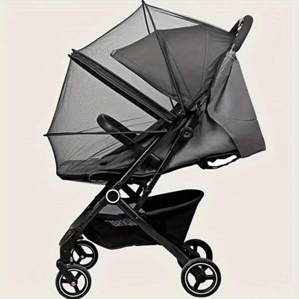 Ultra-breathable stroller mosquito net cover, black polyester, easy zipper closure for convenient protection against mosquitoes, perfect for outdoor use and gifting.