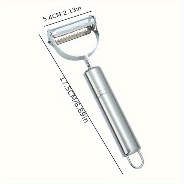 Stainless steel 2-in-1 peeler and shredder tool for peeling and shredding fruits, vegetables, and more.