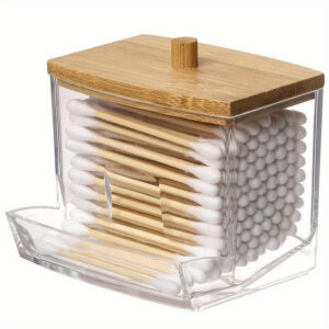 Clear acrylic swab holder with a sleek bamboo lid for organized storage.