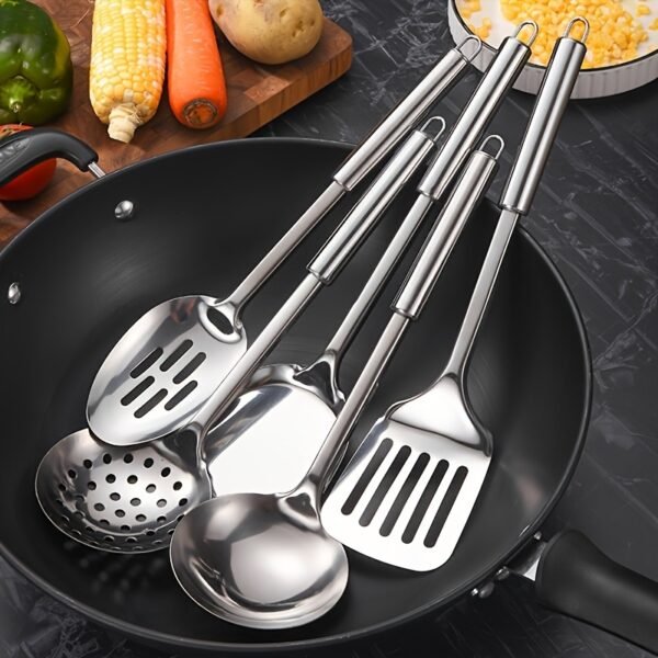 Stainless steel kitchen utensil set including spatula, ladle, turner, colander, and more.