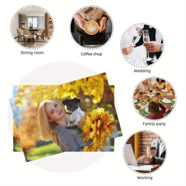 Custom linen placemats with personalized photo and text.