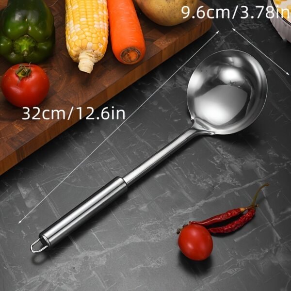 Stainless steel kitchen utensil set including spatula, ladle, turner, colander, and more.