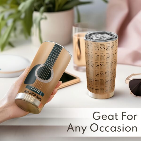 Personalized 20oz guitar-themed tumbler mug with lid.