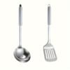 Stainless steel kitchen utensil set including spatula, ladle, turner, colander, and more.