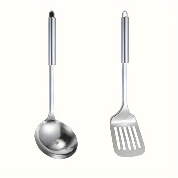 Stainless steel kitchen utensil set including spatula, ladle, turner, colander, and more.