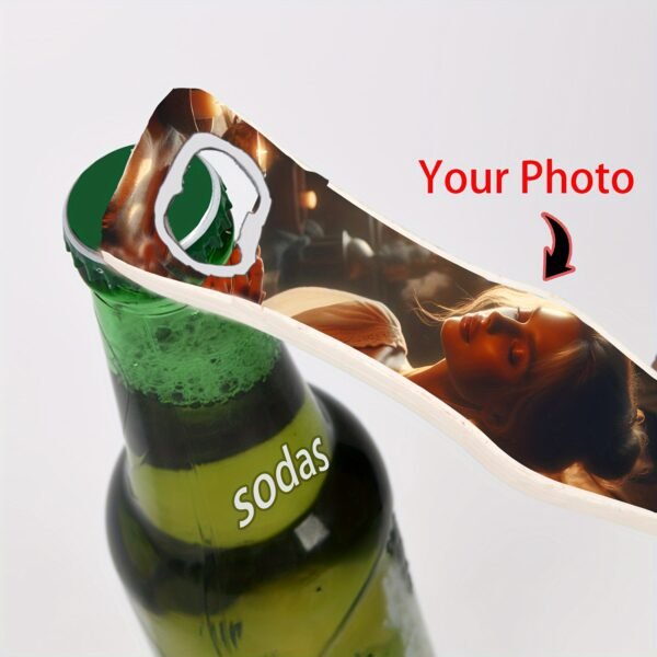 Customized bottle-shaped opener with a refrigerator magnet.