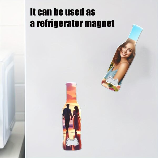 Customized bottle-shaped opener with a refrigerator magnet.